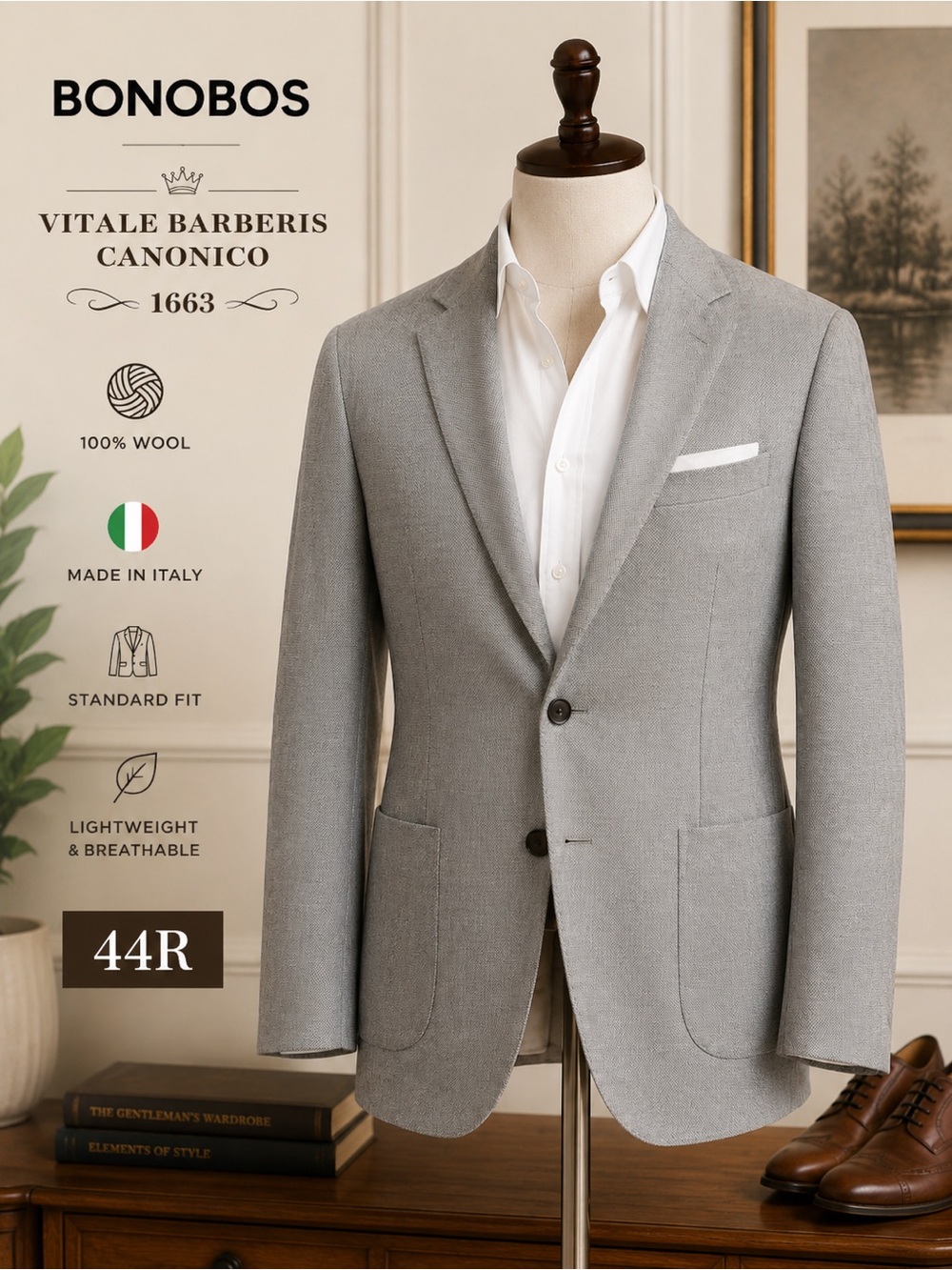 Bonobos Vitale Barberis Canonico gray wool sport coat blazer 44R classic preppy